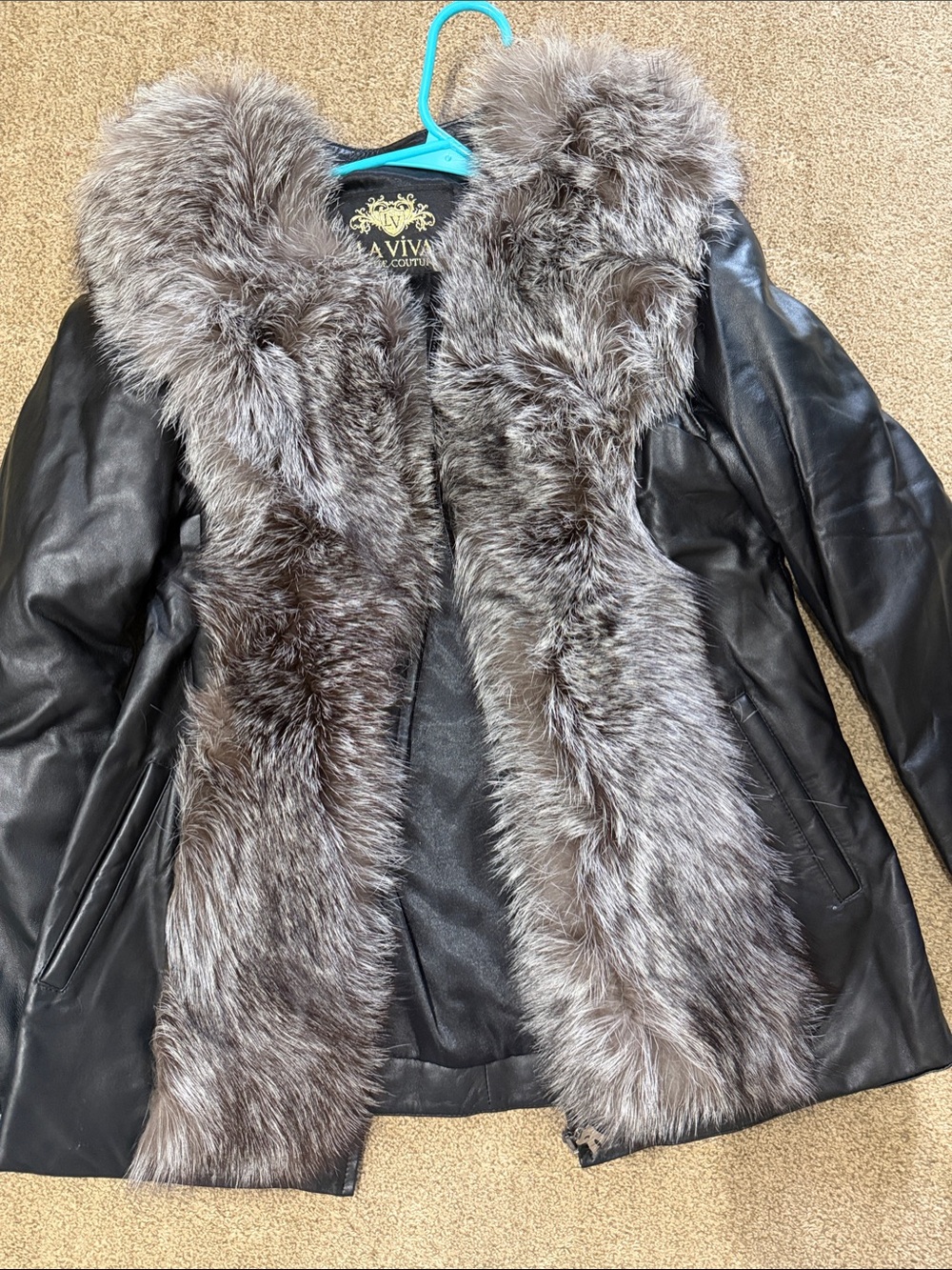 Women's Black Leather Jacket with Gray Fur Trim becomes a vest